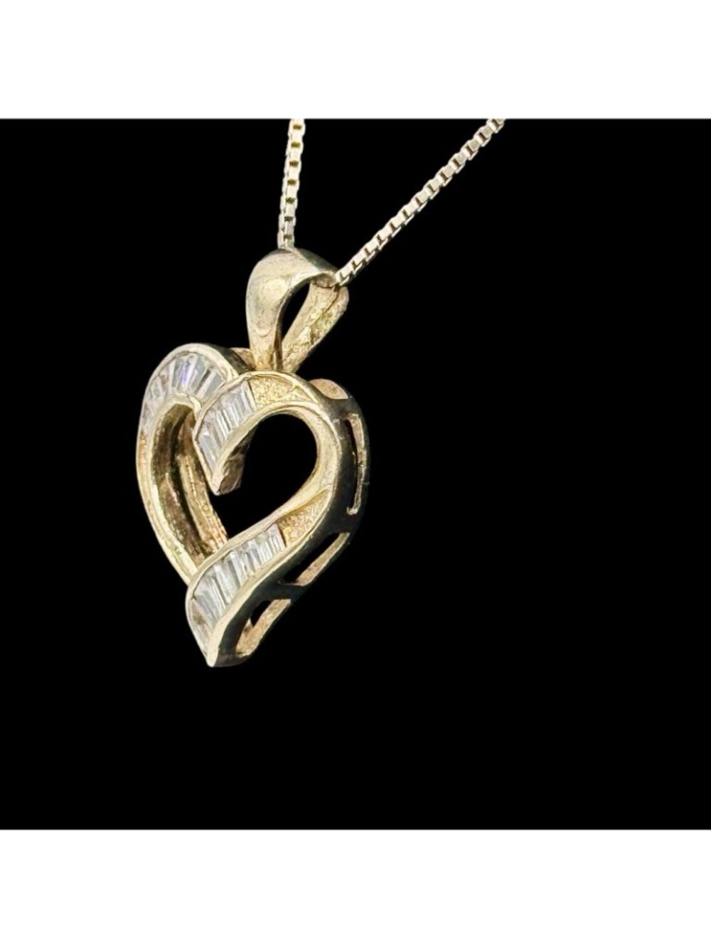 Heart Pendant Vermeil Baguette CZ Necklace Box Chain 19" 925 Cottage Fairy Love - Picture 5 of 15